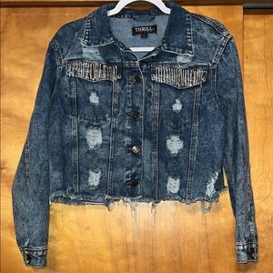 Thrill Blue Denim Jacket with Beaded Accents